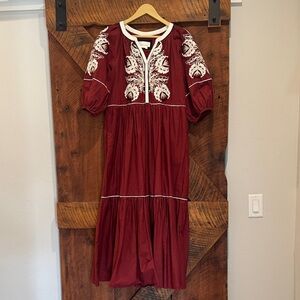 Anthropologie Burgundy Maxi Dress with White Embroidery